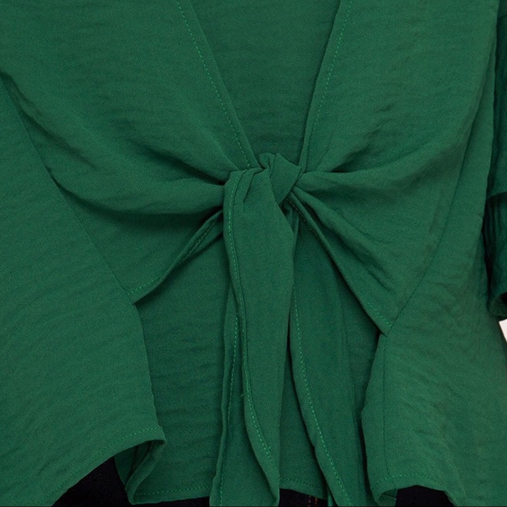 NEW! Hunter Green Ruffle Bell Sleeve Tie Front Top - Picture 3 of 7